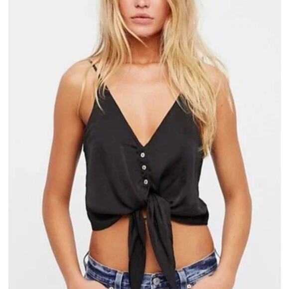 Intimately By Free People Tie Front Button Up Camisole Cropped Top Small Black - Picture 1 of 10